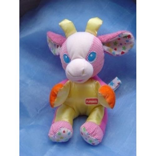 Doudou Vache Ou Ane Rose Vintage Assise 27 Cm De Long, Velours Tissu Brillant Jaune