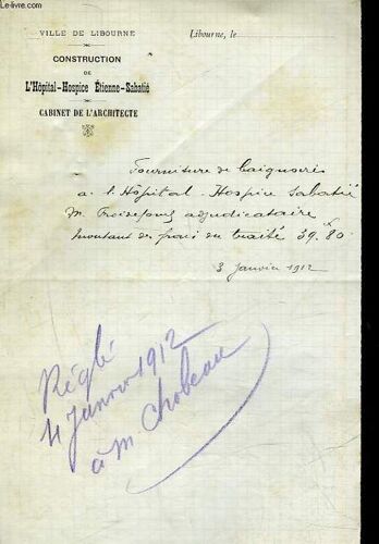 1 Facture Ancienne - L'hopital Hospice Etienne-Sabatie