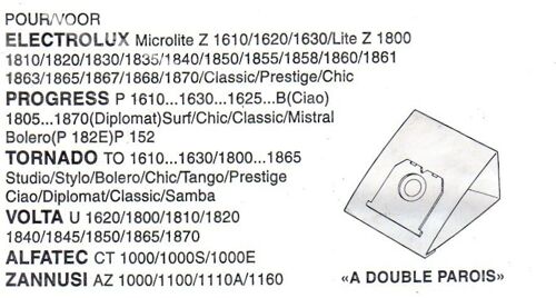 Lot de 10 sacs aspirateurs pour Electrolux Z 1610 ... 1870 - Progress  P 1610 ... 1870 - Tornado To 1610 ... 1865 - Volta U 1620 ... 1870 - ALFATEC  CT - ZANNUSI AZ
