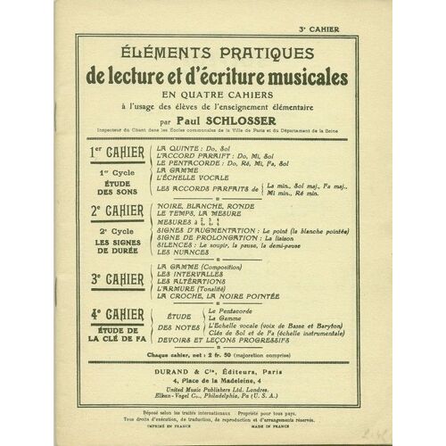 Elements Pratiques De Lecture Et D'écriture Musicales Par Paul Schlosser Cahier N°3