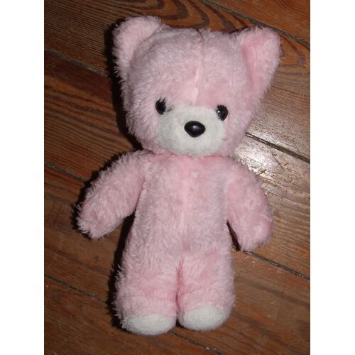 Ours Doudou Nounours Rose Blanc Ancien Vintage Peluche À Grelot 25 Cms