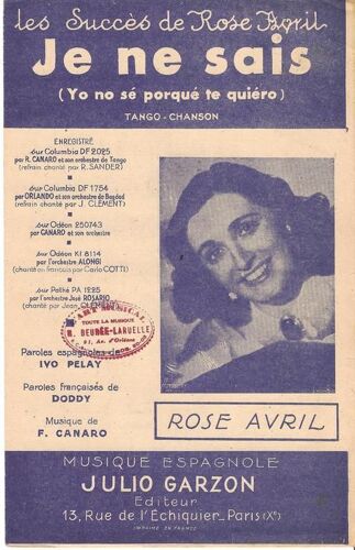 Je Ne Sais (Yo No Sé Porquè Te Quiero) - Paroles Françaises & Espagnoles- 1945