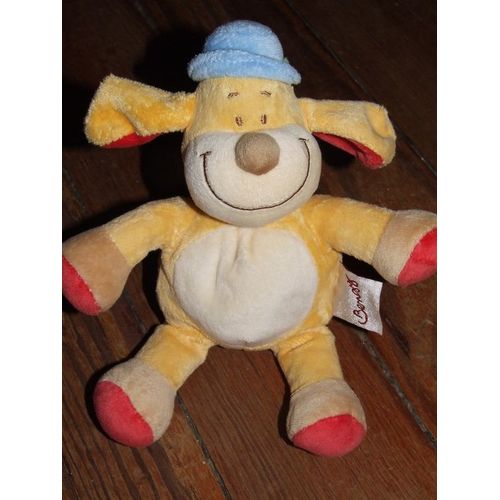 Chien Doudou Bengy Amtoys Jaune Rouge Bleu Collier Vert Peluche De 22 Cms