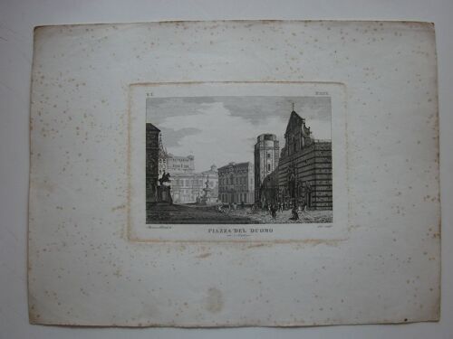 Gravure, Reproduction, Tableau Sur Papier Dessin Della Piazza Del Duomo In Melsina , Xixe Siécle