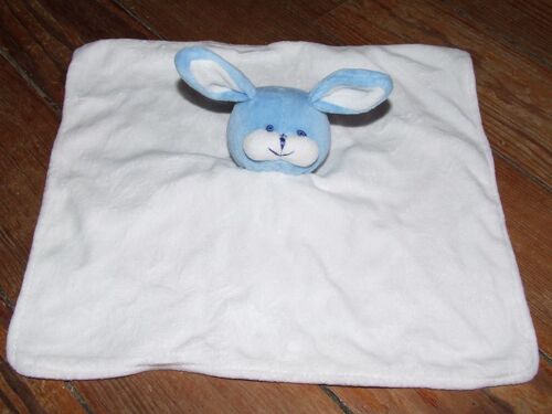 Lapin Doudou Plat Carré Blanc Tête Bleu