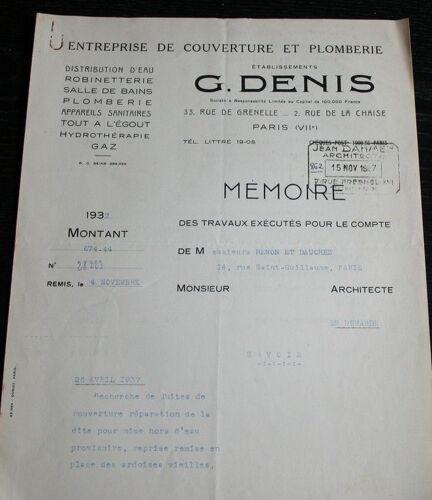 Établissements G. Denis, Entreprise De Couverture Et Plomberie  N° 0 : Mémoire Des Travaux Exécutés, 1937