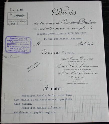 Devis Des Travaux De Couverture & Plomberie, 1948 (14 Pages)  N° 0 : André Viot Entrepreneur, Ancienne Maison Deroux