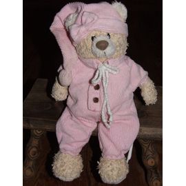 Ours Doudou Gd Gifi Peluche Beige Salopette Rose 33 Cms + Bonnet 24 Cms