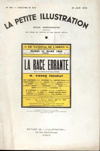 La Petite Illustration Théâtrale N° 302 : La Race Errante, De François Porché