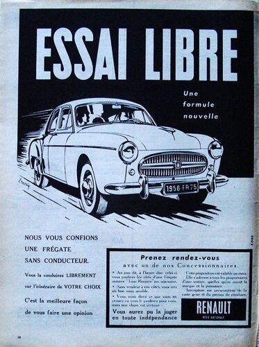 Publicite Ancienne Pour La " Fregate Renault " En Essai Libre En 1956