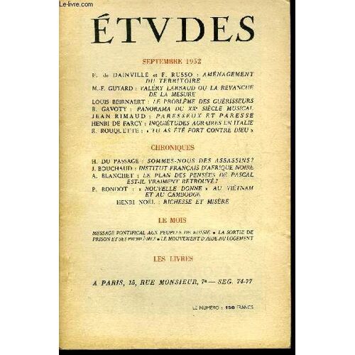 Etudes Tome 274 N° 9 - Aménagement Du Territoire Par F. De Dainville Et F. Russo, Valéry Larbaud Ou La Revanche De La Mesure Par M.F. Guyard, Le Problème Des Guérisseurs Par Louis Beirnaert, Panorama(...)