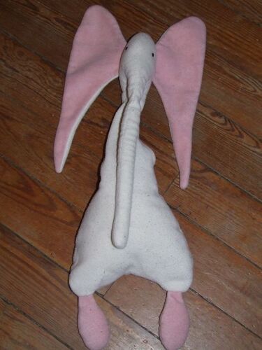 Elephant Doudou Long Cou Longue Trompe Grandes Oreilles Blanc Creme Rose Peluche 60 Cms