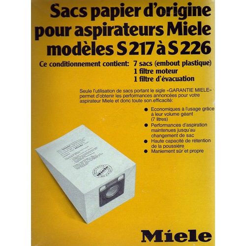 Lot de 7 sacs d'origine d'aspirateur Miele  Pour modèles S 217 et S 226 + 1 filtre moteur et 1 filtre évacuation