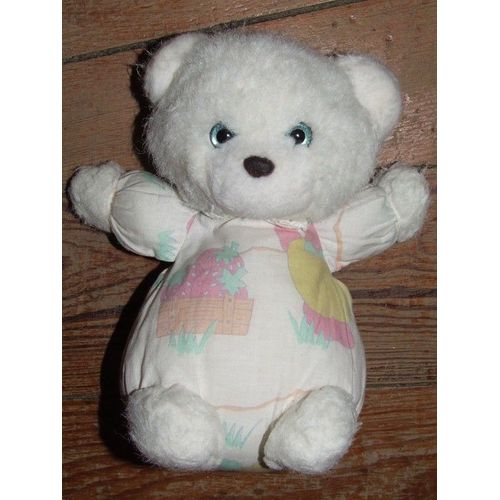 Ours Doudou Peluche Nounours Blanc Imprimé Fraises Semi Boule À Grelot 20 Cms