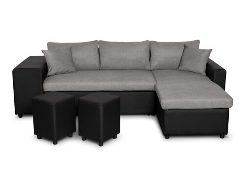 Canapé d'angle OSLO convertible avec coffre et poufs en tissu et simili - Gris / Noir, Position du rangement poufs - Gauche