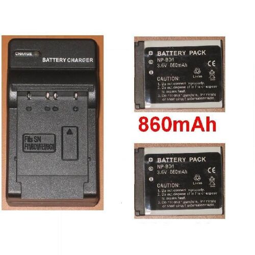 Chargeur + 2 Batteries NP-BD1 pour Sony DSC-T200, DSC-T70 NP-FD1, **860mAh**