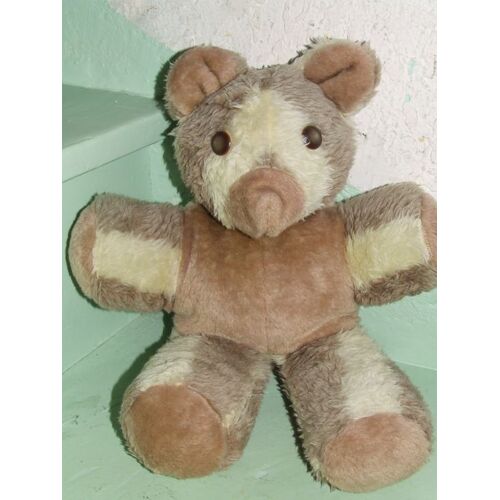 Ours Koala Doudou Peluche Bicolore Marron Jaune Beige Rayé Ancien Vintage 40 Cms