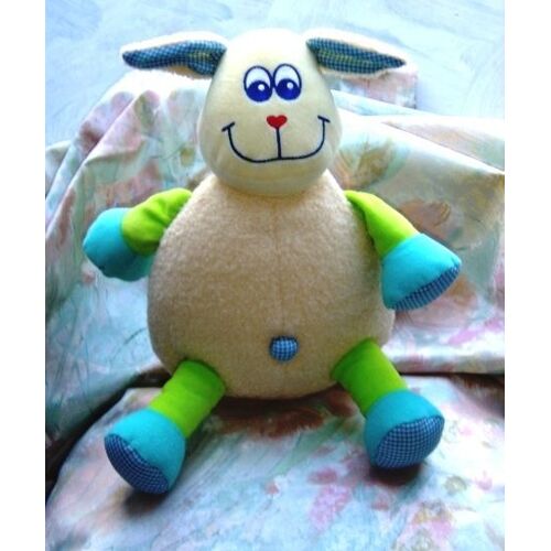 Lapin Boule Doudou Peluche Éponge Et Velours  Tête Jaune Pattes Vert Anis Et Bleu Oreilles Bleu Vichy Carrefour 34 Cms
