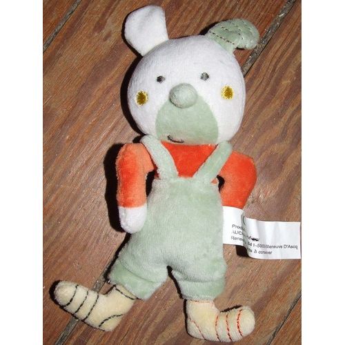 Chien Auchan Doudou Peluche Blanc Vert Orange Beige De 16 Cms + Oreilles De 3 Cms