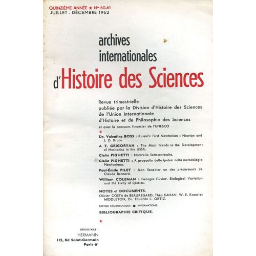 Archives Internationales D'histoire Des Sciences  N° 60