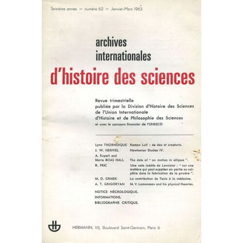 Archives Internationales D'histoire Des Sciences  N° 62