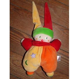 Clown Corolle Bonhomme Lutin A Grelot 2005 Doudou Jaune Rouge Orange Vert Etoile Bleu Peluche De 23 Cms Bonnet De 17 Cms
