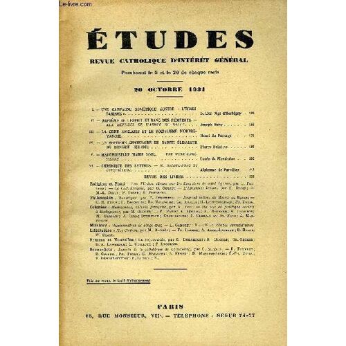 Etudes Tome 209 N° 20 - Une Campagne Soviétique Contre L Égalitarisme Par S. Exc. Mgr D Herbigny, Baptême De L Esprit Et Banc Des Pénitents, Aux Meetings De L Armée Du Salut Par Joseph Huby, La Crise(...)