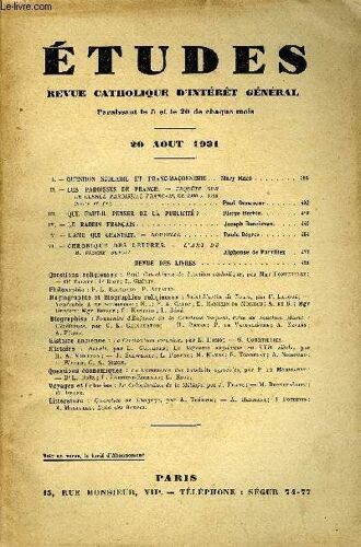 Etudes Tome 208 N° 16 - Question Sociale Et Franc-Maçonnerie Par Mary Macé, Les Paroisses De France Par Paul Doncoeur, Que Faut-Il Penser De La Publicité ? Par Pierre Herbin, Le Rabbin Français Par(...)