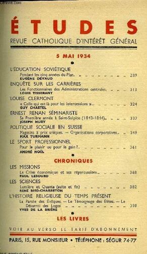 Etudes Tome 219 N° 9 - L Éducation Soviétique, Pendant Les Cinq Années Du Plan Par Eugène Dévaud, Enquête Sur Les Carrières, Les Fonctionnaires Des Administrations Centrales Par Louis Tisserant(...)