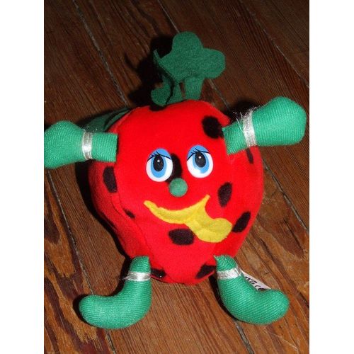 Fruit Fraise Eluz Doudou Peluche Rouge Vert Jaune Pois Noir Peluche De 18 Cms