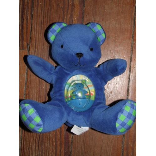Ours Berchet Boule De Neige Doudou Bleu Carreaux Vert Peluche