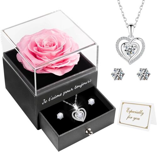 Rose Eternelle Coffret Cadeau Femme, Fleur Eternelle avec Argent 925 Collier Boucles d'oreilles Bijoux Cadeau Anniversaire Femme Maman, Cadeau Noel Femmes Saint Valentin Fete des Meres