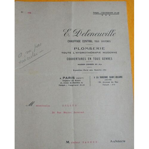 Devis Des Travaux De Plomberie, Maison E. Deleneuville, 1929