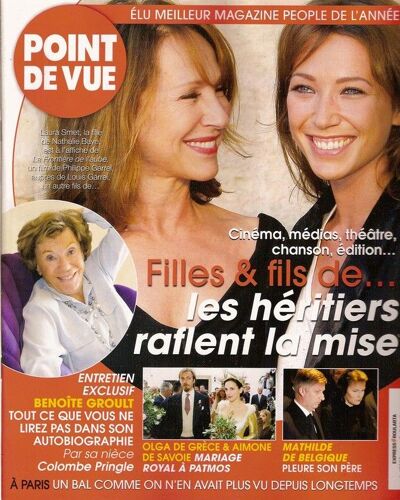 Point De Vue  N° 00003142 : Nathalie Baye, Laura Smet, Benoîte Groult, Colombe Pringle, Olga De Grèce, Mathilde De Belgique, Noor De Jordanie, Laurent Naouri, Vincent Darré