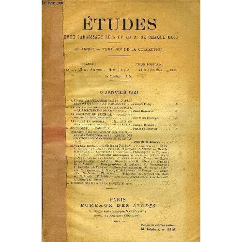 Etudes Tome 166 N° 1 - L Étude De L Écriture Sainte D Après L Encyclique Paraclitus Par Joseph Huby, La Reconstitution Spirituelle Du Pays, Le Recrutement Du Sacerdoce Par Paul Doncoeur, Le Problème(...)