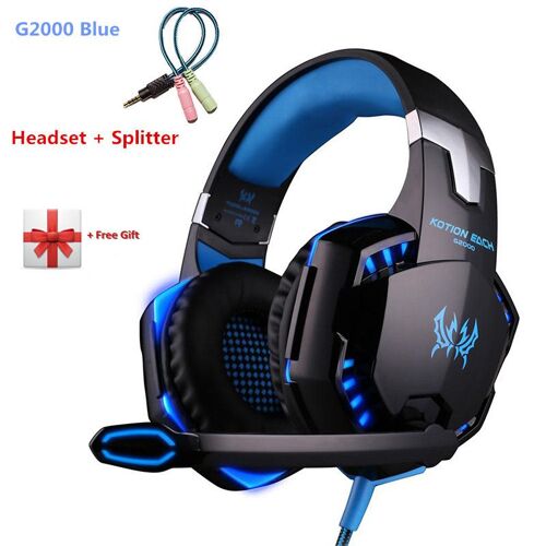 KOTION EACH G2000 G9000 Casque Gaming Gamer Écouteur Stéréo Basse Profonde Casque Filaire avec Micro Lumiere LED pour PC PS4 X-BOX-G2000 Blue Splitter