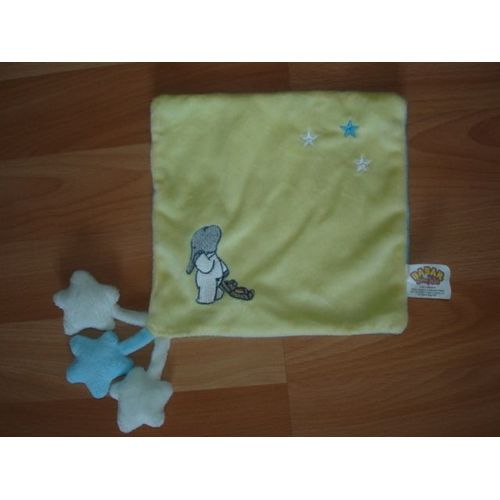 Doudou Plat Carré - Babar Bicouleur Bleu & Jaune Avec Broderies Dessus & Étoiles Sur Le Côté