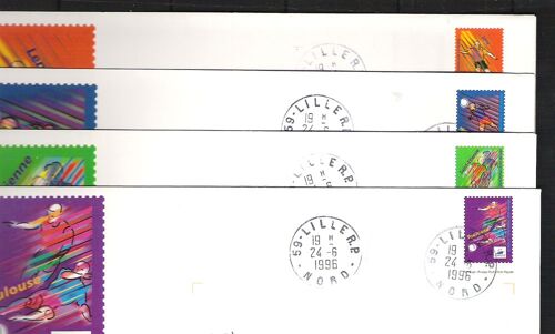 France, 1996, Prêt-À-Poster, Coupe Du Monde De Football 1998, Villes (Lens, Montpellier, Saint-Étienne & Toulouse), N°3010-E1 À 3013-E1, (La Série De 4 Enveloppes).