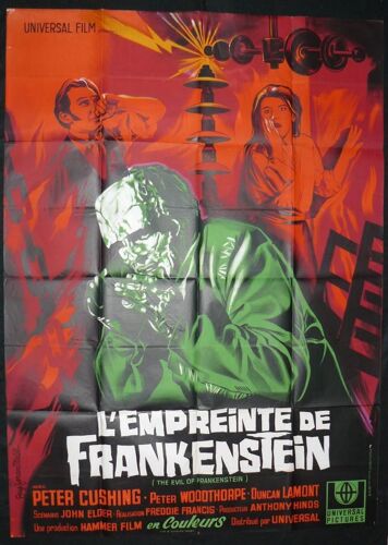 L'empreinte De Frankenstein * Francis Freddie - Film Fantastique 1963 - Affiche De Cinéma Originale - 120x160 Cm Movie Poster * Dessin De Guy Gerard Noel * Peter Cushing - The Evil Of Frankenstein