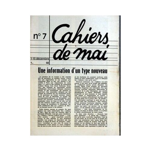 Cahiers De Mai N° 7 Du 01/12/1968