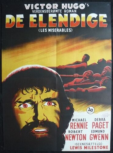 Les Miserables * Lewis Milestone - Film 1952 - Affiche De Cinema Originale Danoise * 84x62 Cm - Michael Rennie ; Debra Paget ; Robert Newton, Cameron Mitchell, Sylvia Sidney * Roman Victor Hugo