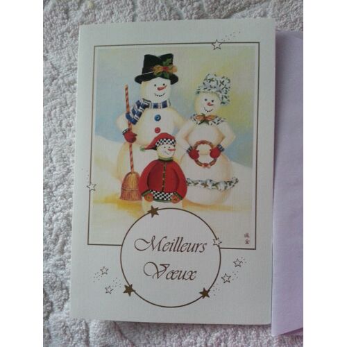 Carte Meilleurs Voeux "Famille Éphémère" De Bonshommes De Neige & Son Enveloppe Parme