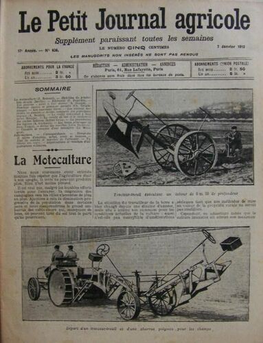 Le Petit Journal Agricole Du 07-01-1912  N° 836 : La Motoculture