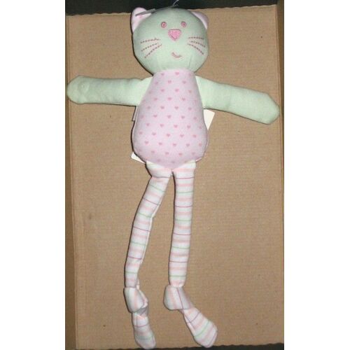 Ours Chat Doudou Rayé À Coeur Rose Et Vert Bout Chou