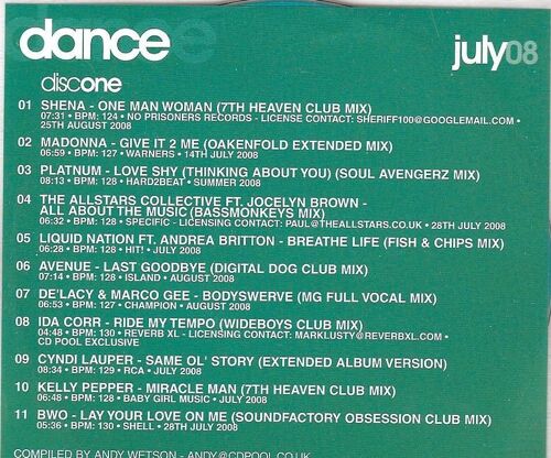 Dance Hits July 2008 : Shena - Madonna - The Allstars Collective - Avenue - Liquid Nation - Cyndi Lauper - Bwo ... (Cd 11 Hits Dance - Cd 1)