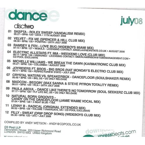 Dance Hits July 2008 : Skepta - Velvet - Michelle Williams - Paula Abdul - Filly - Madcon ... (Cd 12 Hits Dance - Cd 2)