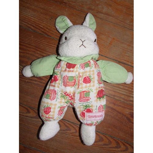 Doudou Peluche Lapin Blanc Vichy Vert Carreaux Imprime Rouge Fraise Confiture Nounours