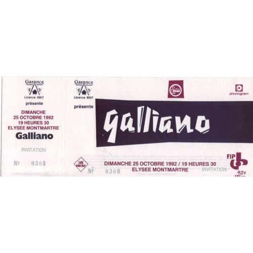 Ticket Billet Unused Place Concert Galliano 1992 Paris