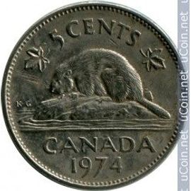 Canada = Pièce De Monnaie De 5 Cents, Année 1974, Castor
