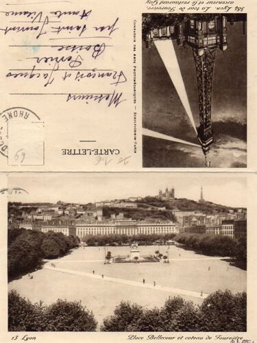 Carte Postale Ancienne - 13 - Lyon - Place Bellecour Et Coteau De Fourrière Et 384 - La Tour De Fourvière, Ascenseur Et Le Restaurant Gay